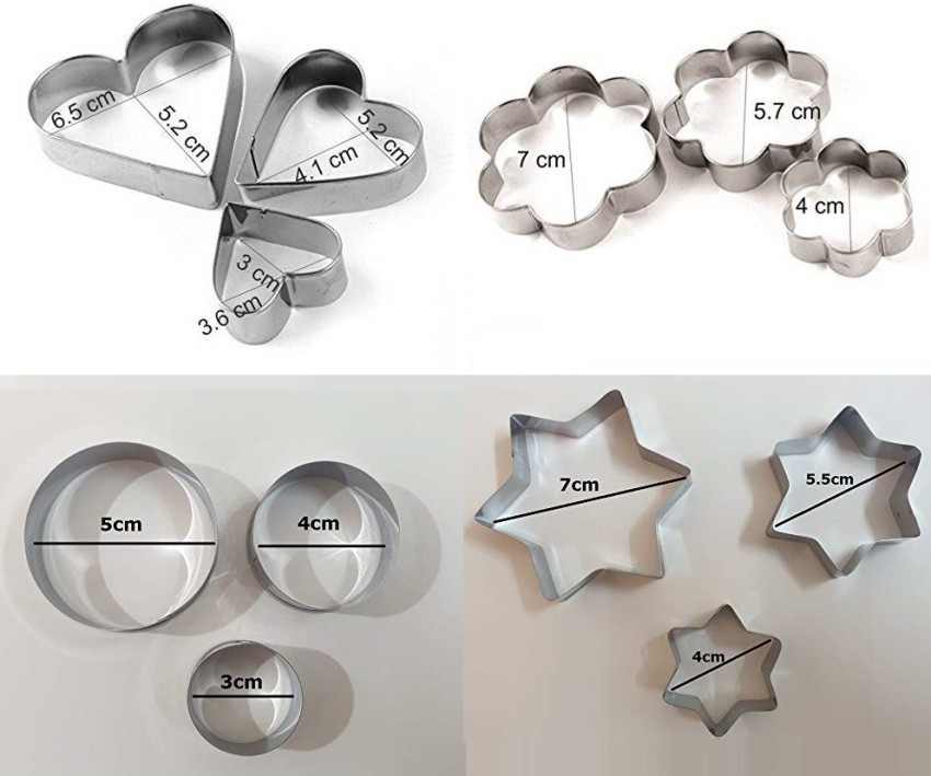 Docik 12 Piece Stainless Steel Cookie Cutter Metal Cake Vegetable Fruit Biscuit Cutters Molds Set Hearts Flowers Stars Round Shape Silver