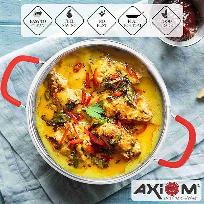 AXIOM Kadai Set of 2 Stainless Steel (2 Litre and 3.5 litres) Heavy Bottom  triply Base with Silicon Stay Cool Handles. Kadhai for Induction & Gas