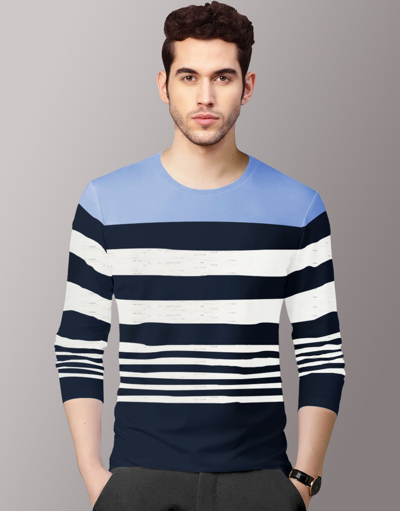 Striped Men Blue, White T-Shirt Price 