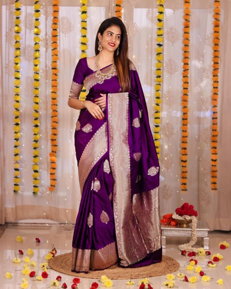 Buy DNBTRENDS Self Design Banarasi Jacquard Purple Sarees Online ...