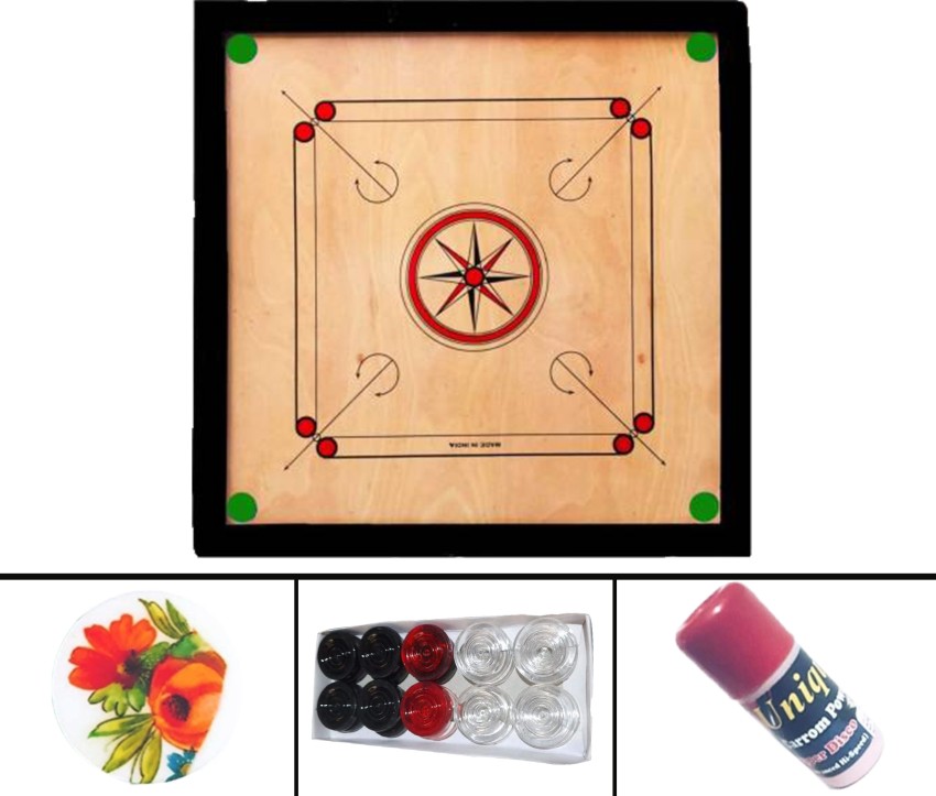 GKC Ludo Goti with Dice Shaker and Arcyclic Carrom Coin with striger and  Carrom Powder,Black, red,white,green.yellow,blue