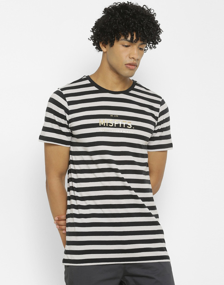 FOREVER 21 Striped Men Round Neck Black 