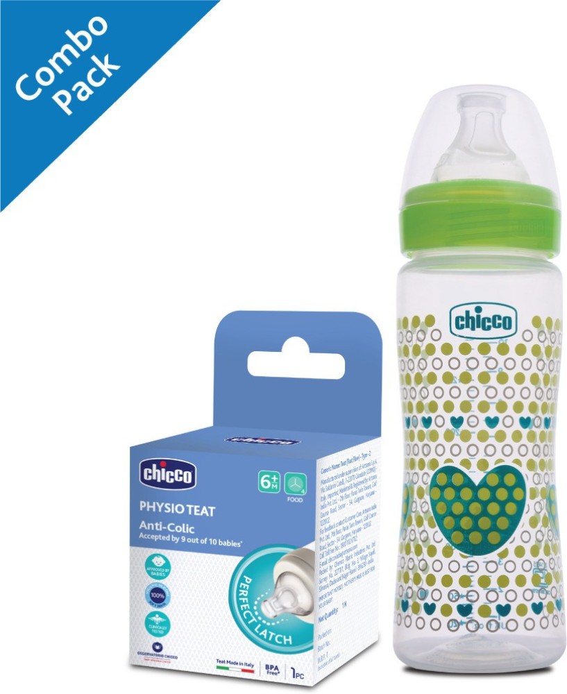 Chicco Blue BPA Free Baby Milk Feeding Bottle with Wide Neck 330ml For  6m+(1 Pc)