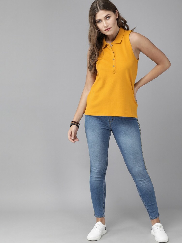Roadster Solid Women Polo Neck Yellow T-Shirt - Buy Roadster Solid Women  Polo Neck Yellow T-Shirt Online at Best Prices in India 