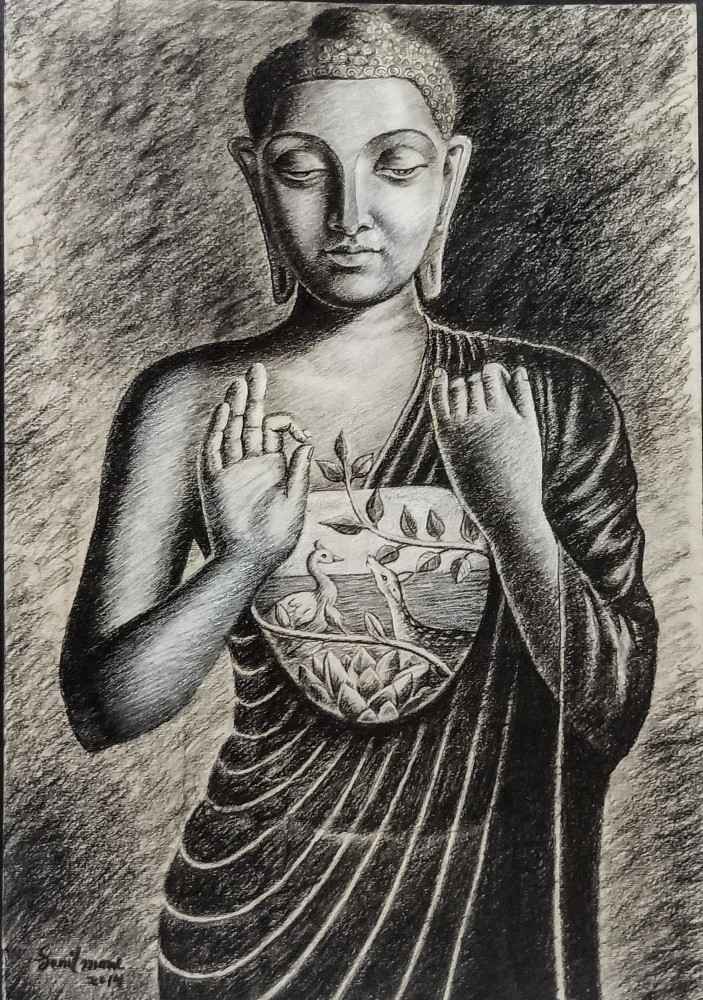 Charcoal Art Wood Frame Gautam Buddha Pencil Portrait Sketch Size A2