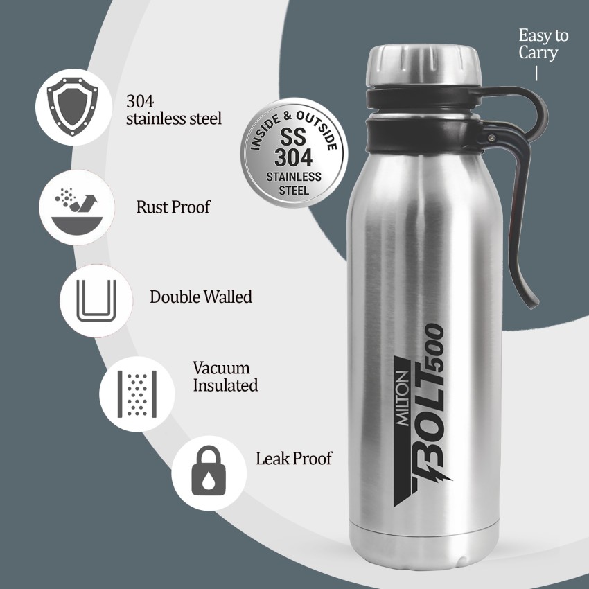 Milton Plain Lid 500 Thermosteel 24 Hours Hot and Cold Water Bottle, 1  Piece, 500 ml, Silver | Leak Proof | Office Bottle | Gym Bottle | Home 