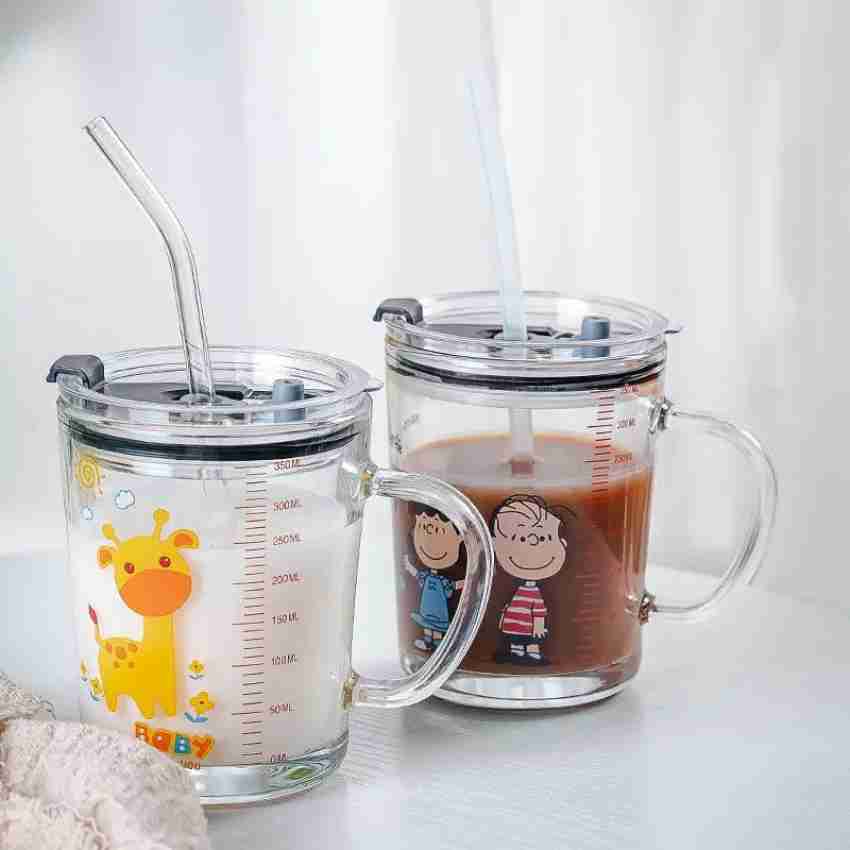 Glass Tumbler Milk Cup Children Cute Cartoon Juice Cup with Straw Glass Cup