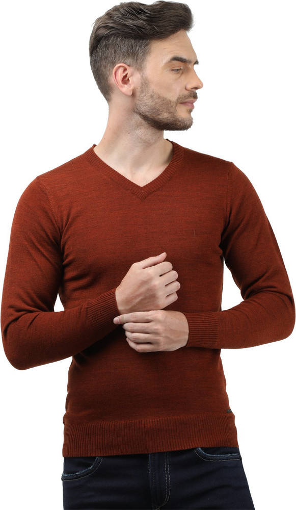 V Neck Casual Men Brown Sweater 