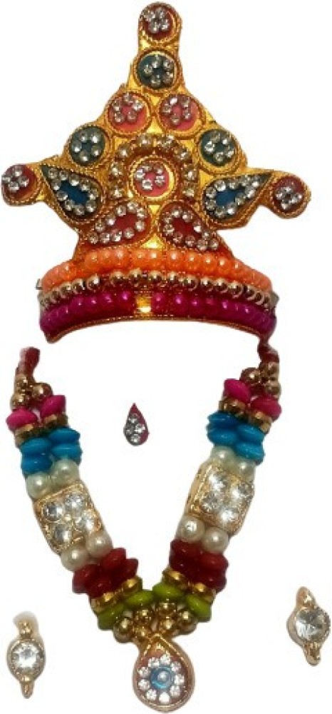 Kanha Laddu Gopal Decorative Design Heavy Work GOLDEN Jewellery /Ornament  PEARL MALA Set [Fancy Mala, Mukut (Fancy Crown) And Ear Studs/Earrings]  Size Large (4 to 6) Premium Quality Deity Ornament Price in