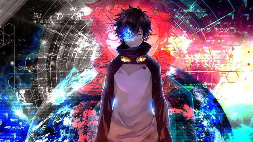 anime boy , reality shattering like breaking glass, colorful black red  yellow blue by Subaru_sama