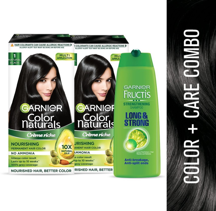 GARNIER Color Naturals - Natural Black Hair Colour, Pack of 2 + Fructis  Long and Strong Shampoo, 175ml | Ammonia Free Hair Color + Shampoo Combo  Pack , Natural Black - Price