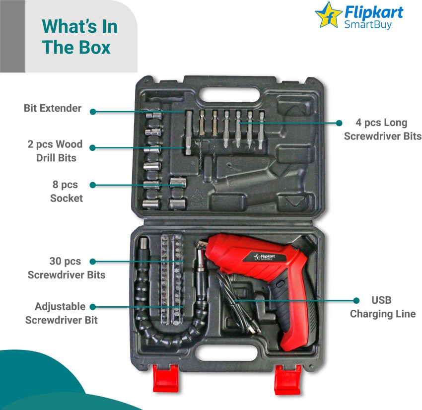 Cordless Screwdriver With Pivoting Handle, Usb Charger And 2 Hex Shank Bits