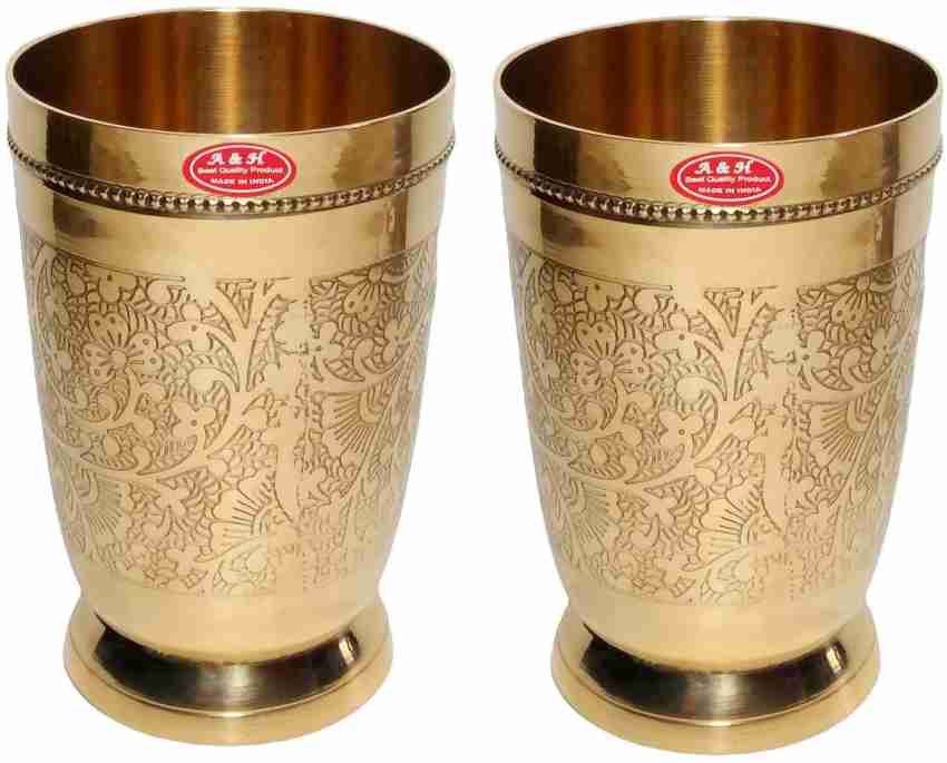 Pure Brass Glass Tumbler with Beautiful Nakashi Drinking Serving Water Set  of 2