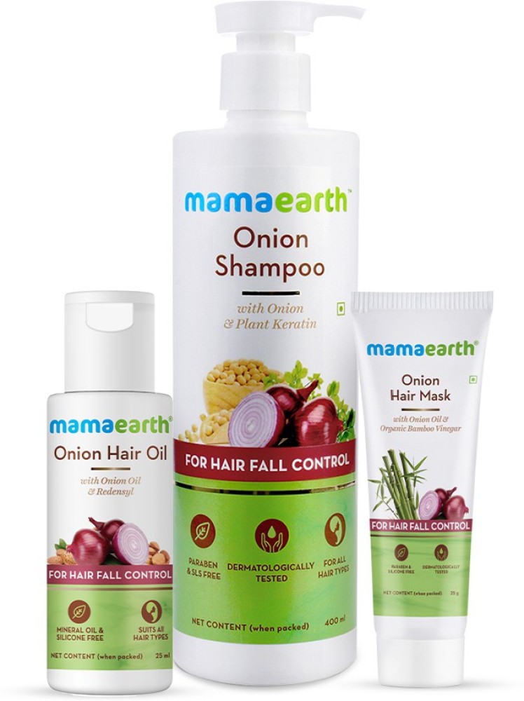 MamaEarth Hair Fall Reduction Combo - Onion Hair Oil (25 ml) + Onion Hair  Mask (25 g) + Onion Shampoo (400 ml) Price in India - Buy MamaEarth Hair  Fall Reduction Combo - Onion Hair Oil (25 ml) + Onion Hair Mask (25 g) +  Onion Shampoo (400 ml ...