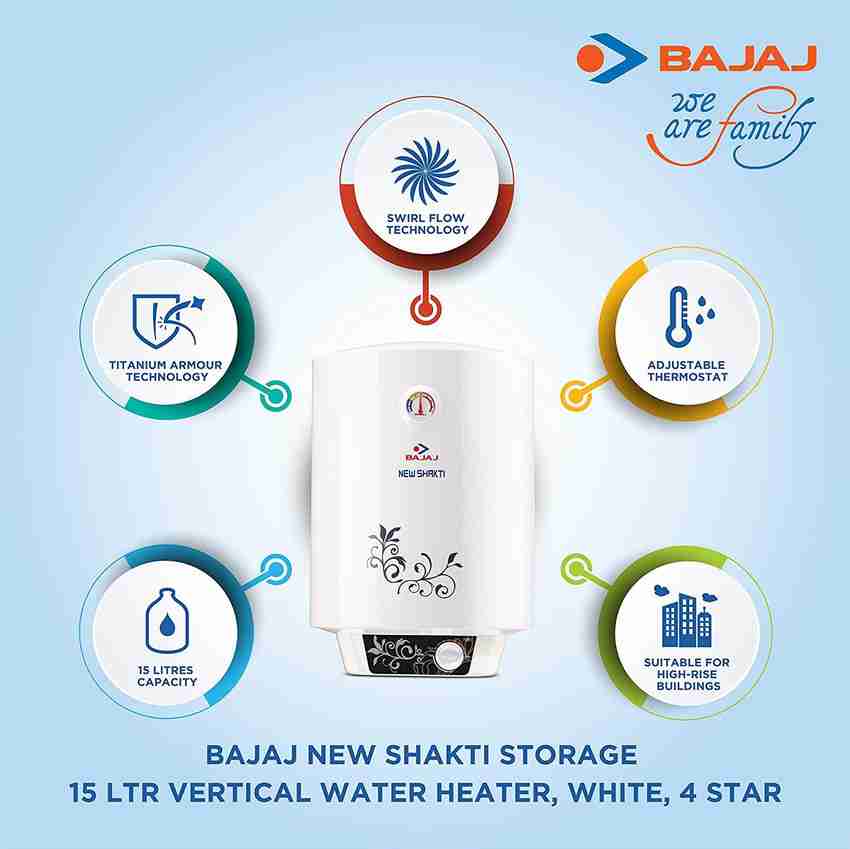 BAJAJ 15 L Storage Water Geyser (Bajaj New Shakti Storage 15 Litre Vertical Water  Heater, White, 4 Star, White) Price in India - Buy BAJAJ 15 L Storage Water  Geyser (Bajaj New
