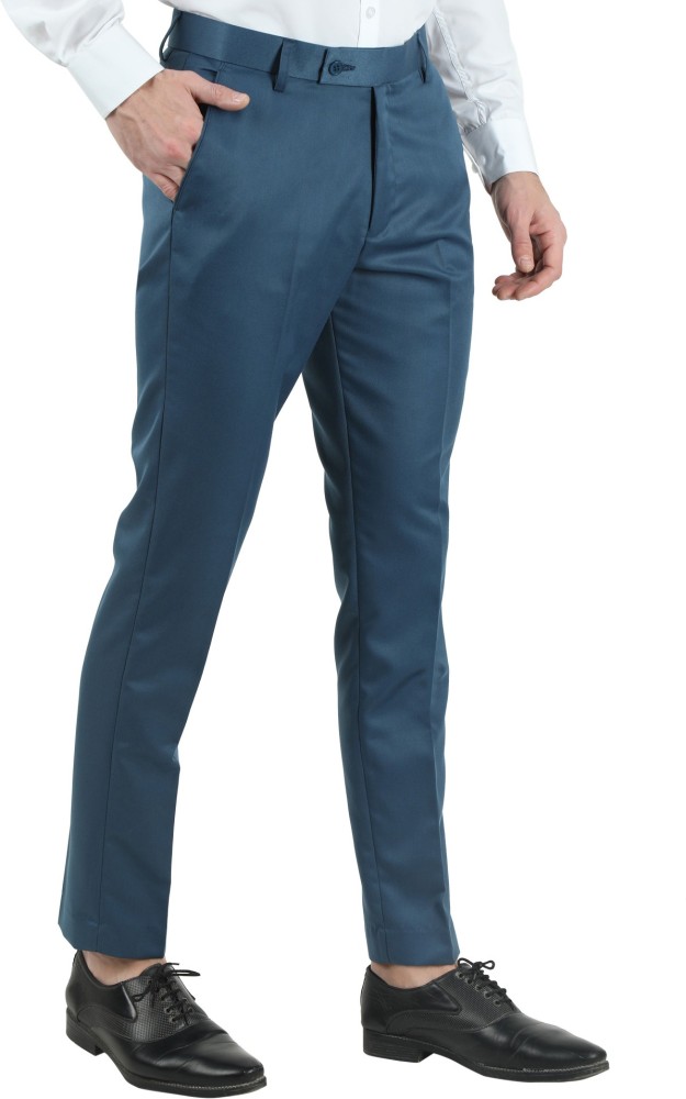 Royal Blue Solid Italian Fit Cotton Blend Formal Trousers For Men  TAD