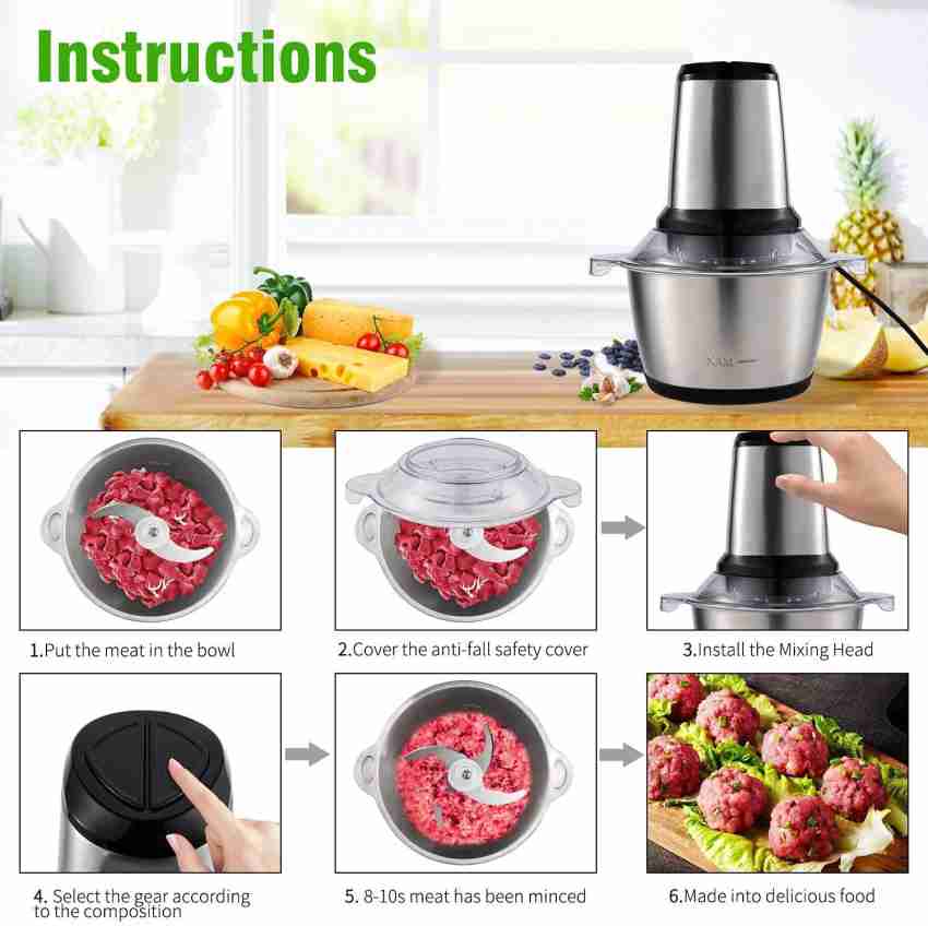 SKYTONE Electric Food Chopper, 2L 8-Cup Stainless Steel Bowl Kitchen Mini  Food Processor for Meat Vegetables Fruits or Nuts, 700w 4bi-Level Blades