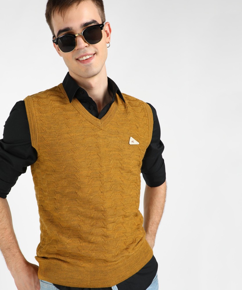 Buy Golden Self Design V Neck Sweater Online in India - Monte Carlo