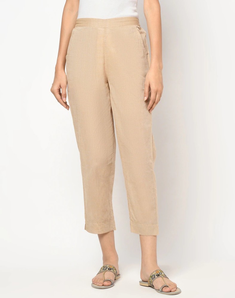 Buy Go Colors Women Taupe Regular Fit Solid Cropped Shiny Cigarette Trousers   Trousers for Women 8756663  Myntra