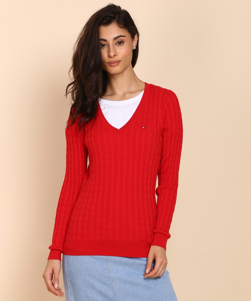 red v neck sweater women's