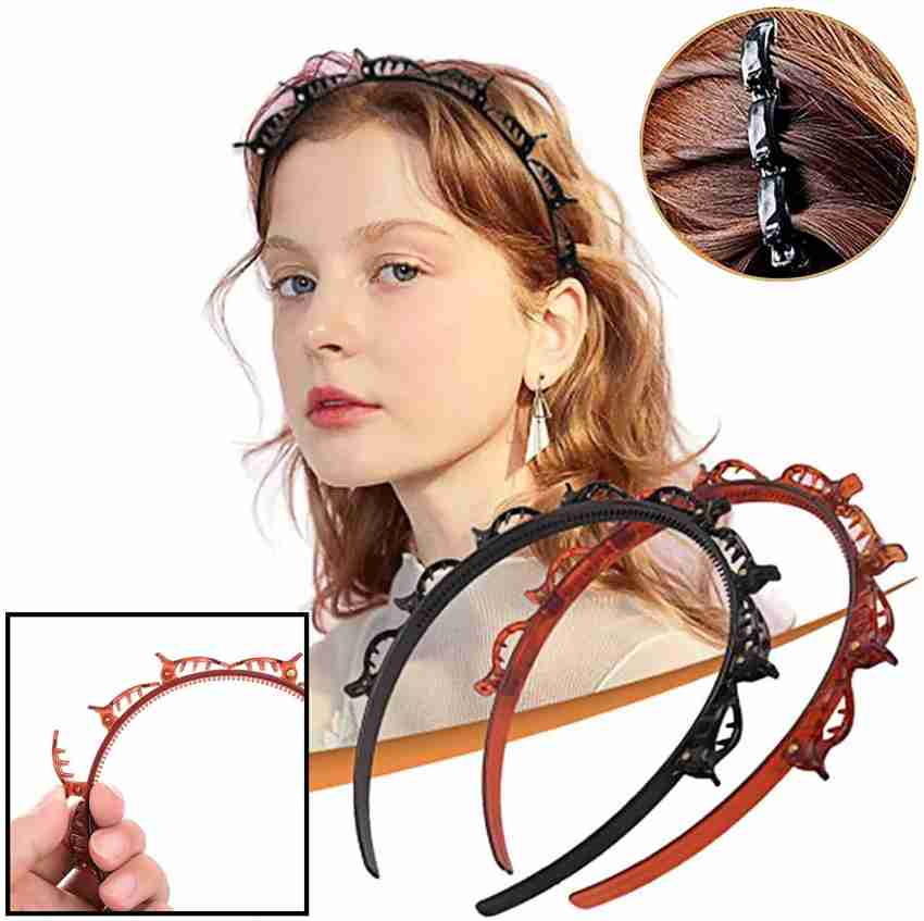 2pcs Women Girs Braided Fabric Headbands with Teeth Fashion Twrist Hair  Headband Black Brown Non Slip Hair Hoops for Daily Wear