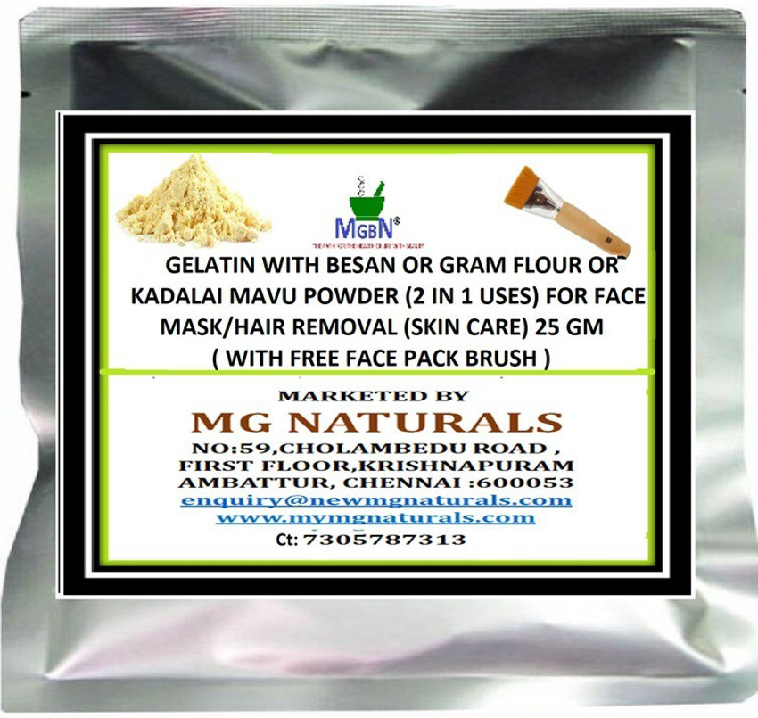 MGBN GELATIN WITH BESAN OR GRAM FLOUR OR KADALAI MAVU POWDER (2 IN 1 USES) FOR FACE MASK/HAIR REMOVAL 25 GM (WITH FACE PACK BRUSH) - Price in India, Buy MGBN GELATIN MGBN GELATIN WITH BESAN OR GRAM FLOUR OR KADALAI MAVU POWDER (2 IN 1 USES) FOR FACE MASK/HAIR REMOVAL 25 GM (WITH FACE PACK BRUSH) - Price in India, Buy MGBN GELATIN