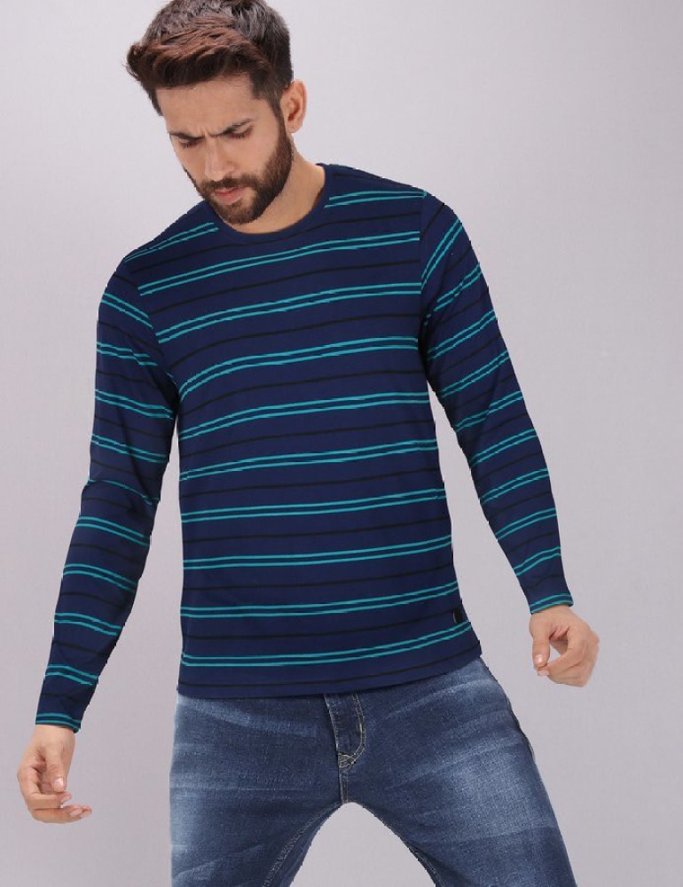 WROGN Striped Men Round Neck Blue T-Shirt - Buy WROGN Striped Men Round Neck Blue T-Shirt Online at Best Prices India | Flipkart.com