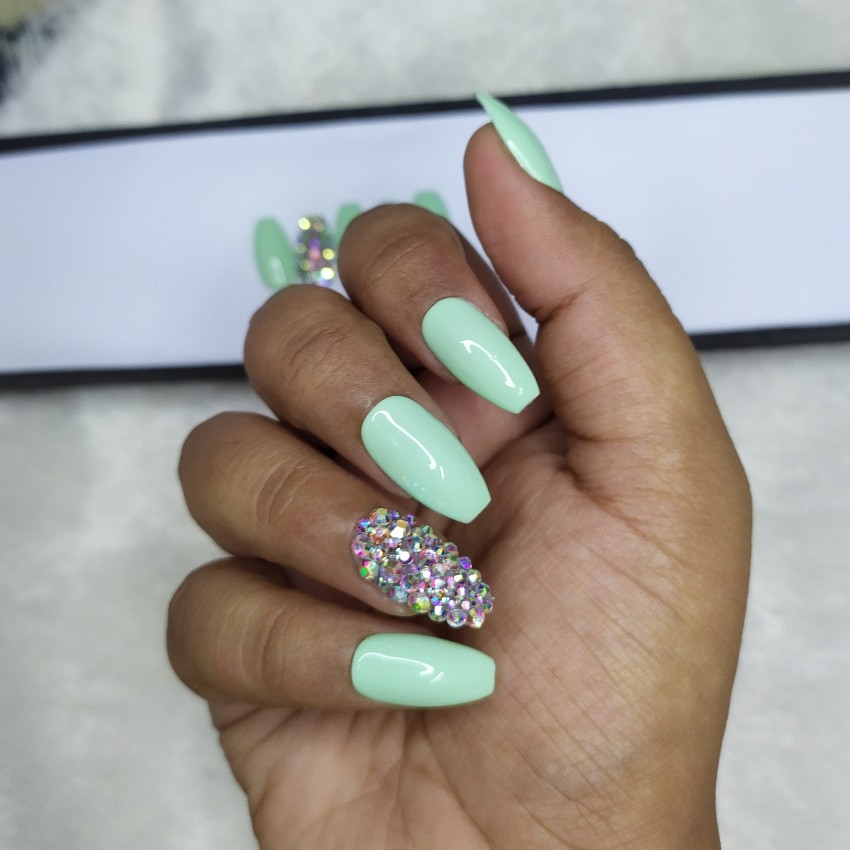 The NailzStation Glossy Pastel Green Studded Fake Nails / Artificial Nails/  Press on Gel Nails in Coffin (Pack of 12 nails) with application kit Pastel  Green - Price in India, Buy The