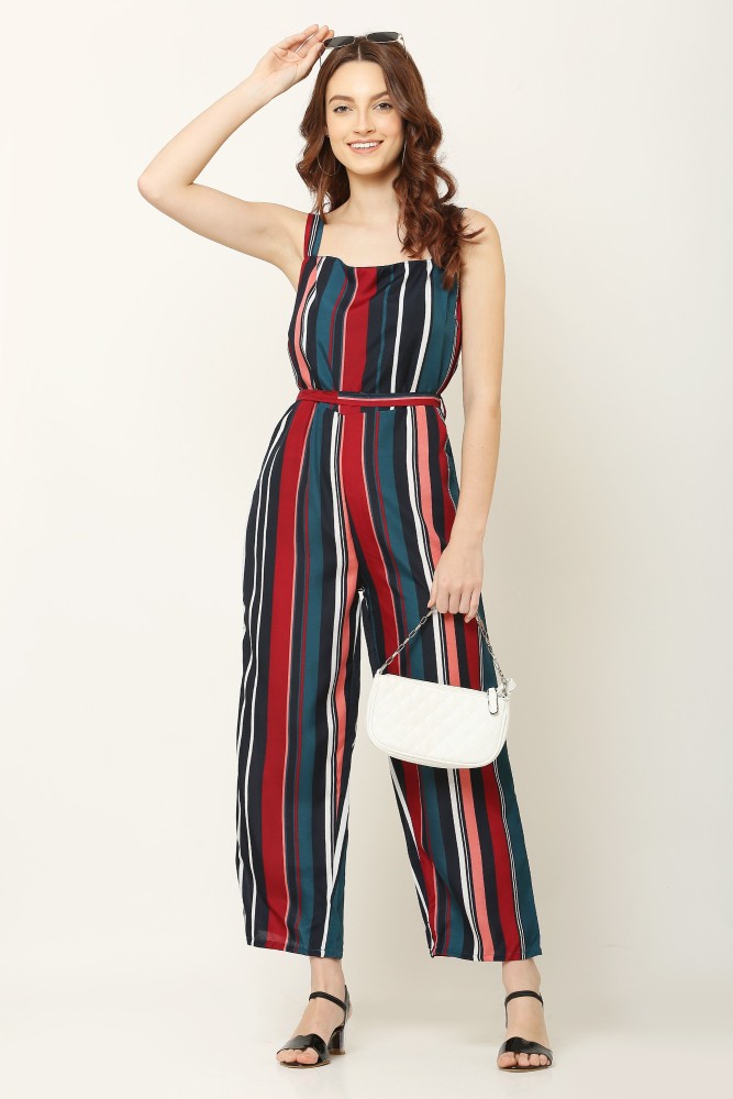 Buy Women Navy Maroon Striped Belted Jumpsuit With Pockets  All Year  Festive  Indya