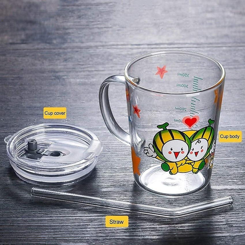 Print Milk Glass Cup for Kids with Handle, Spill Proof Lid and Straw, Coffee  Cup Mug Glass with Heat Resistance, 400 ml