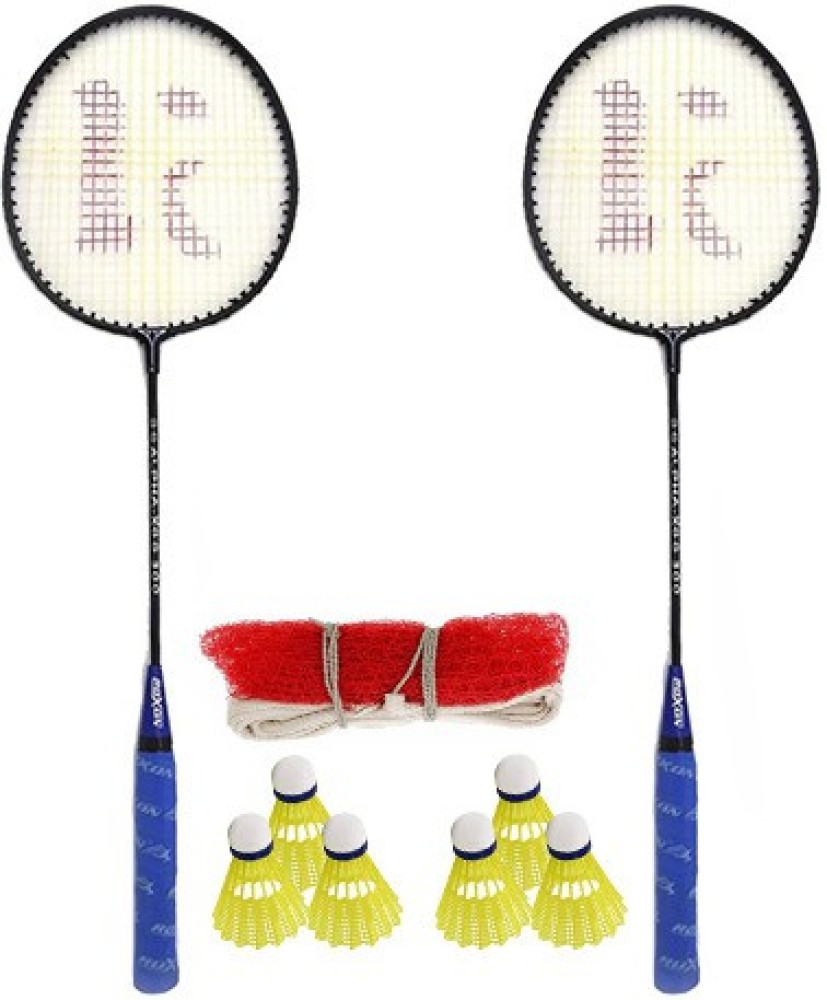 KNK Single Shaft Badminton Racket Pack Of 2 Piece With 6 Piece Nylon Shuttle And Badminton Net Badminton Kit