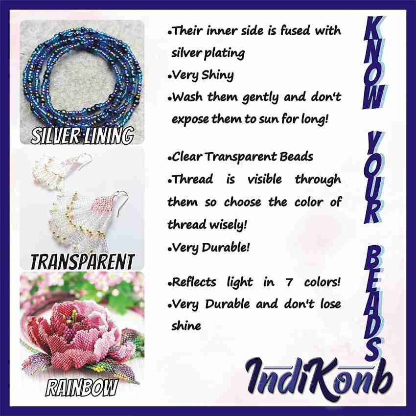 INDIKONB 47 in 1 Transparent, Rainbow, Silver Lining Round Glass Seed Beads  6/0 4mm for Jewellery Making - 30 different Seed Beads each 20-25 gm  (approx 270-300 pcs each) plus Gold, Silver