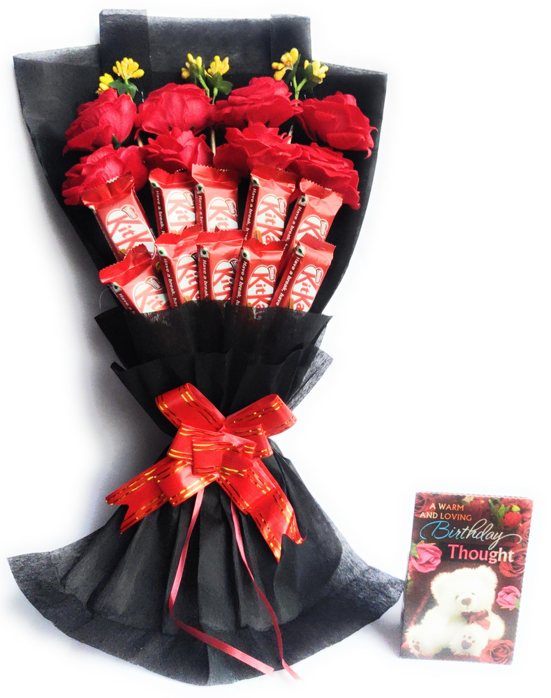 FluteRey 10 KITKAT 8 RED ARTIFICIAL ROSE CHOCOLATE BOUQUET WITH ...