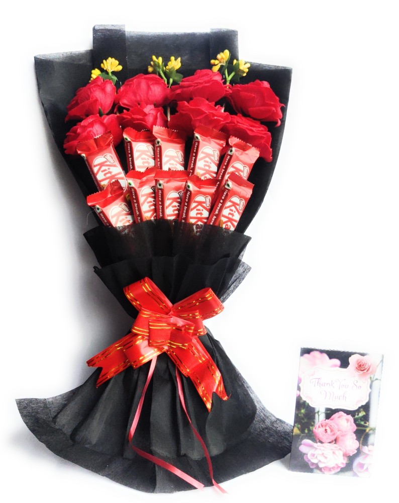 FluteRey 10 KITKAT 8 RED ARTIFICIAL ROSE CHOCOLATE BOUQUET WITH ...