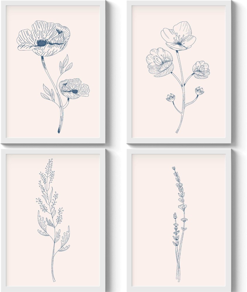 GS Decor Set of 4 Floral Hand Drawn One Line Wall Painting Designs ...