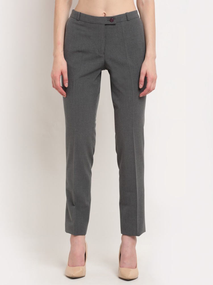 Grey Cotton Women Formal Trouser