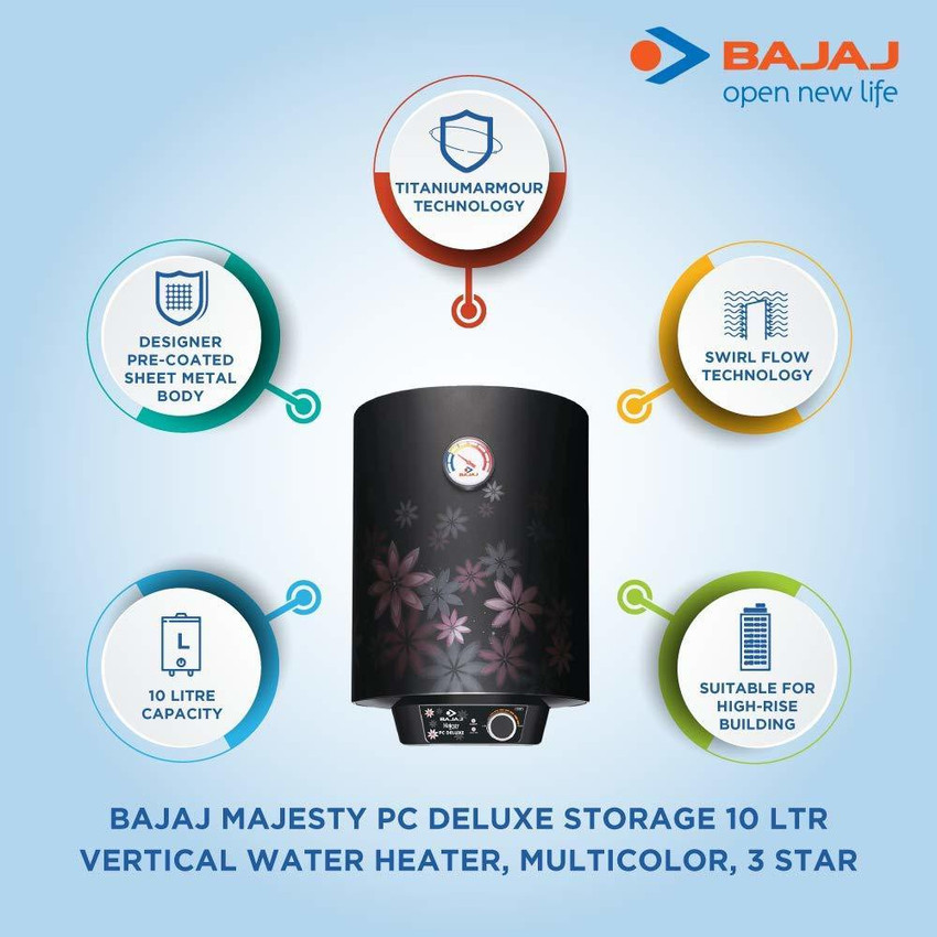 BAJAJ 10 L Storage Water Geyser (Bajaj Majesty PC Deluxe 10L, Multicolor)  Price in India - Buy BAJAJ 10 L Storage Water Geyser (Bajaj Majesty PC  Deluxe 10L, Multicolor) online at Flipkart.com