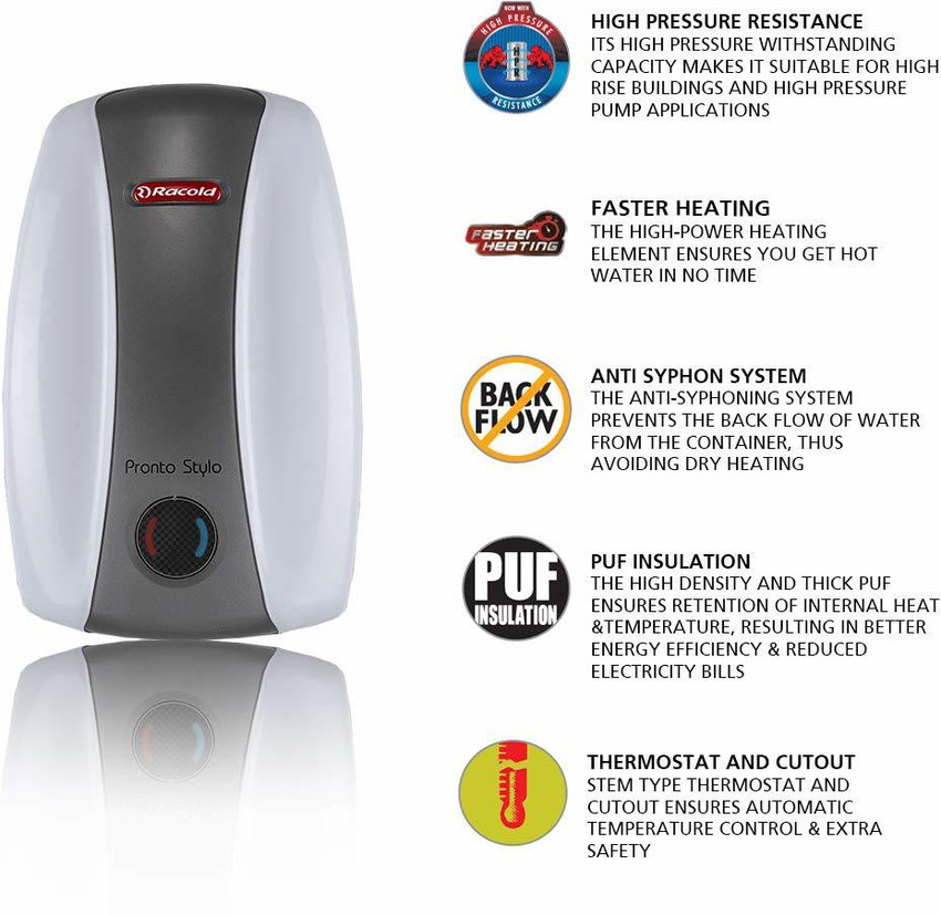Racold 1 L Instant Water Geyser (PRONTO STYLO SS 1V-3KW, White) Price in  India - Buy Racold 1 L Instant Water Geyser (PRONTO STYLO SS 1V-3KW, White)  online at Flipkart.com