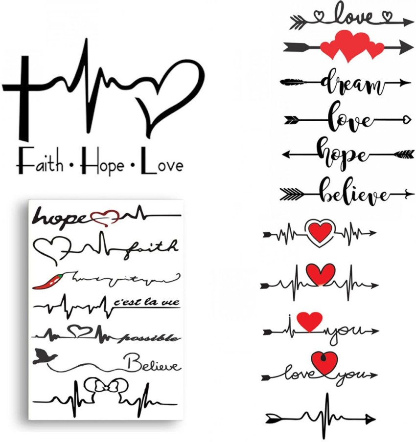 voorkoms 3D Heart beat Hope Faith Love  Arrow Sign With Heart love Belive  Hope Dream Love heart Arrow Heart Beat Hope Possible Believe Faith  menwomen waterproof temporary tattoo for all boys
