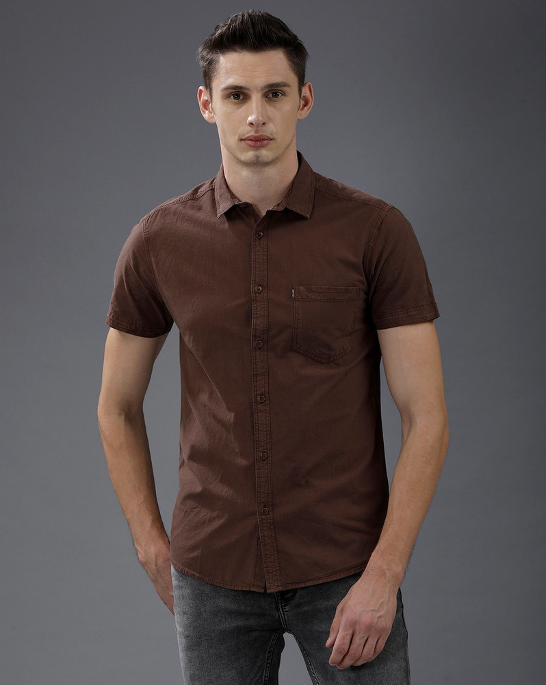 VOI JEANS Men Solid Casual Brown Shirt 