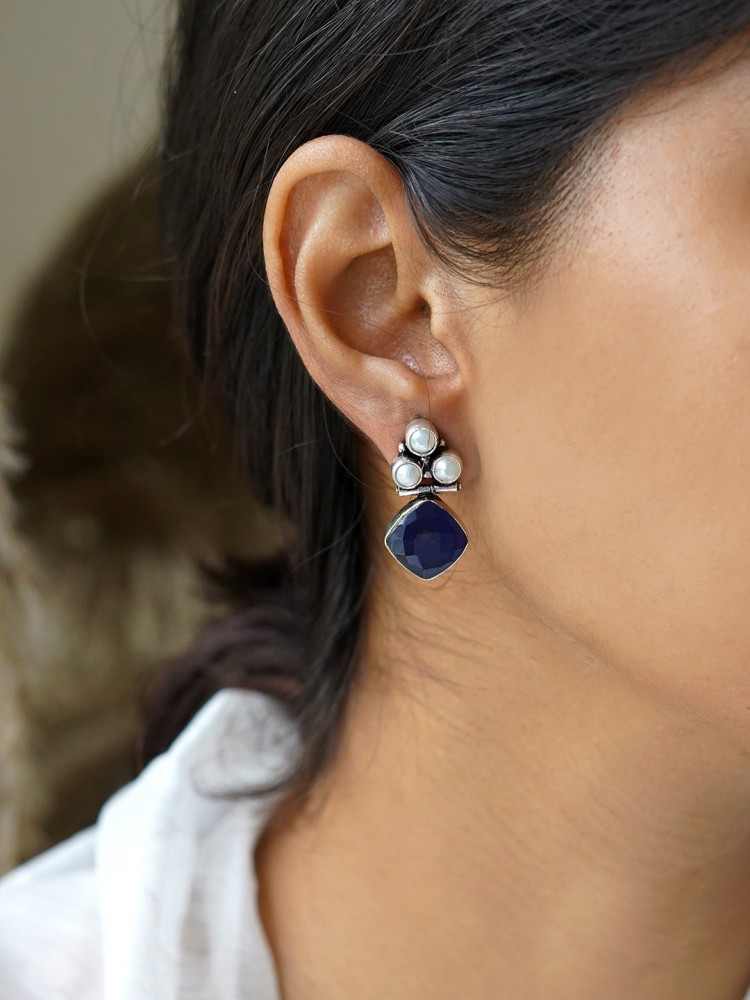 925 Oxidised Silver Blue Stone Earrings For Women And Girls  Silver Palace