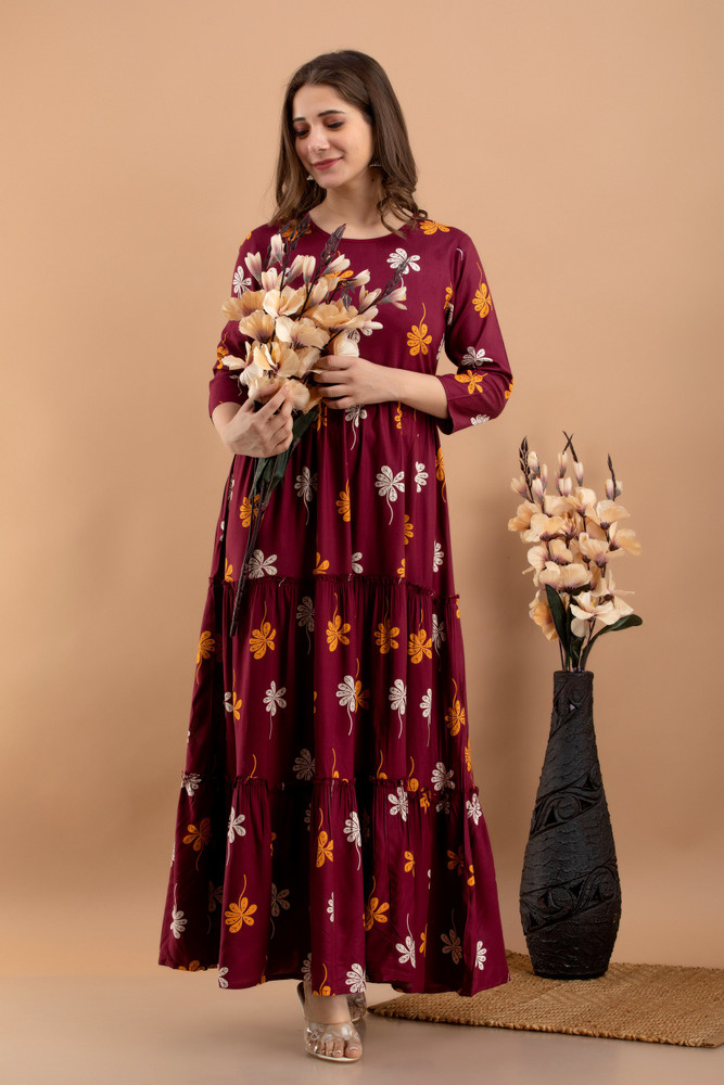 Wine Embroidery Work Velvet Gown  Me99