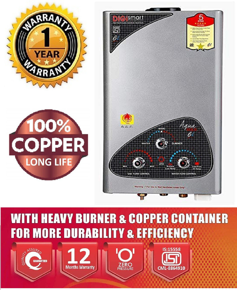 DIGISMART 6 L Gas Water Geyser (Aqua Gold LPG Instant Gas Water Heater  Special Anti Rust Coating Body with ISI Approved 100% Copper Tank Silver  Metallic 1 Year Warranty, Silver) Price in