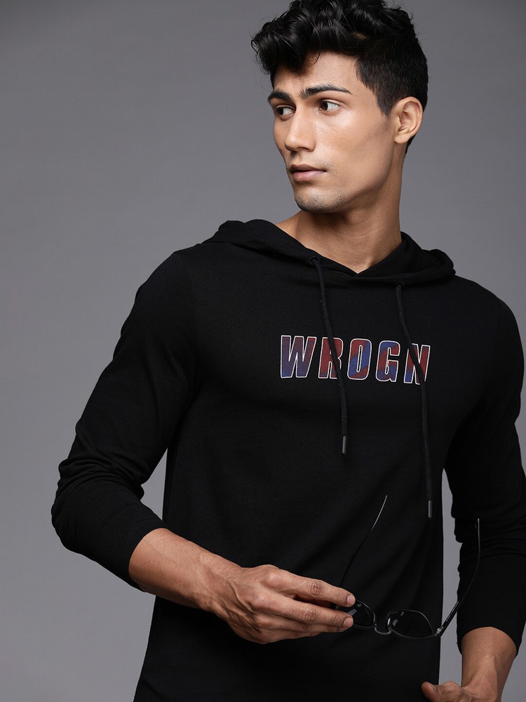 WROGN Printed Men Hooded Neck Black T 
