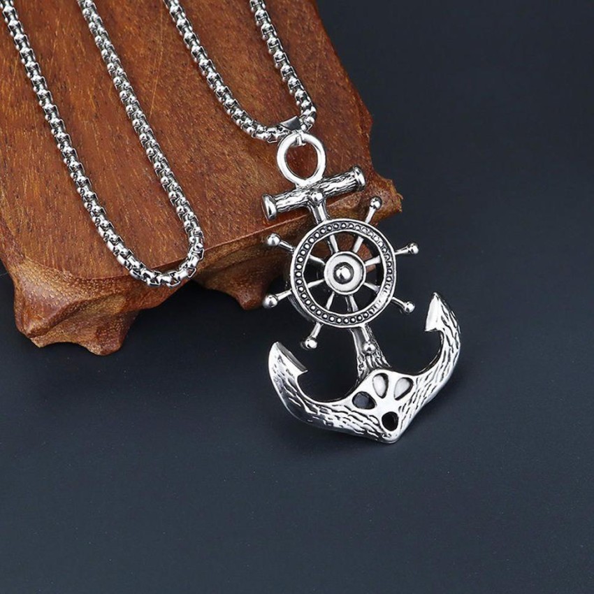 M Men Style Wheel Ship Anchor and Rope Locket With Chain SilverZinc Metal Religious Pendant Necklace Chain For Men And Women