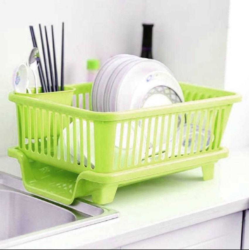 Sarvatr Green Color Polypropylene 3in1 Dish Drainer Rack Kitchen