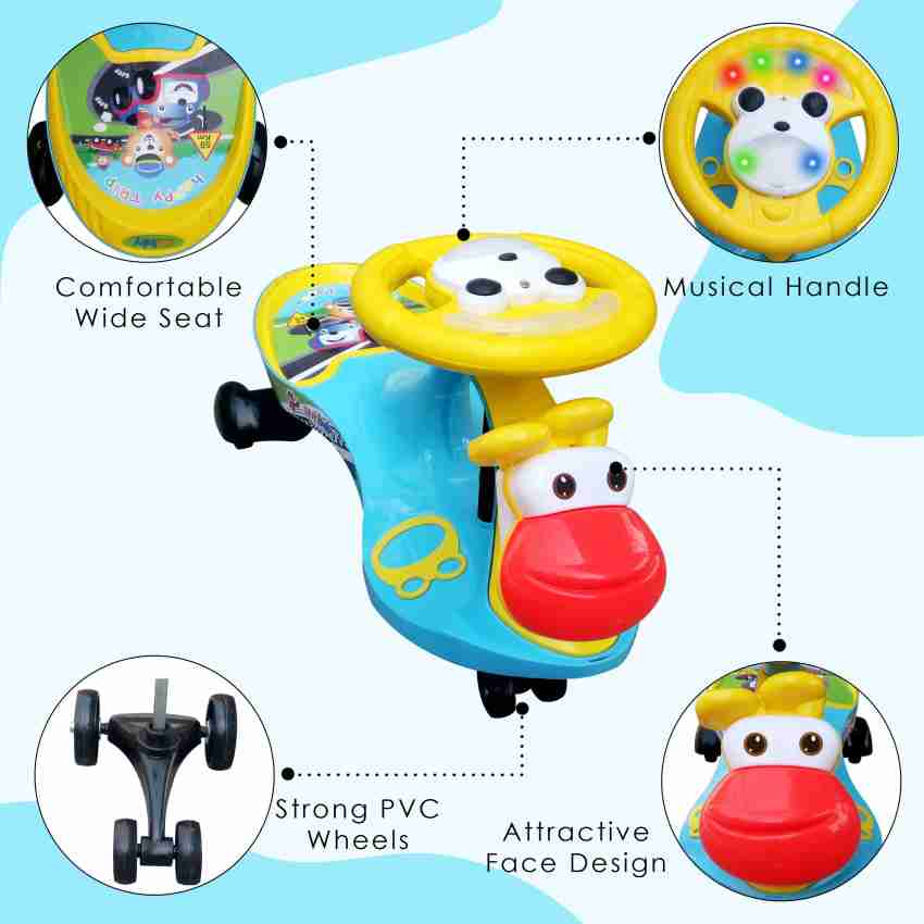 sunbaby FUNTIME Twister Magic Swing Smart Car Ride ons for Kids, 3-8 Years  Boys Girls, fun ride Toy, Cartoon Face W/ Music & Light, Free Wheels, Push  car Gadi, Strong Body w/