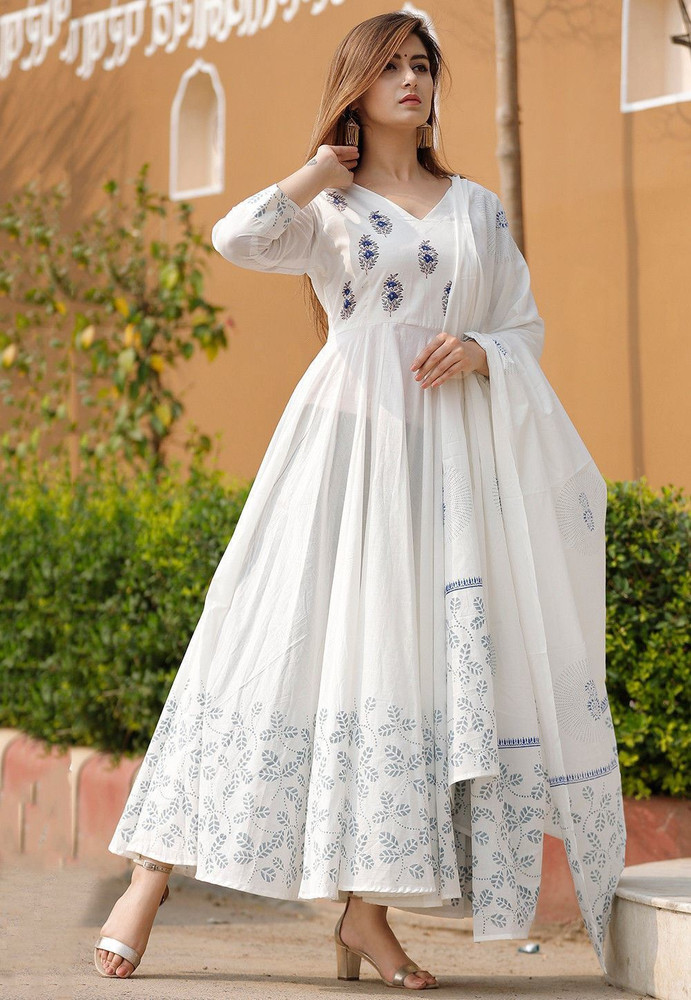 Stone Blue Sequins Embroidered With Printed Pure Cotton Gown