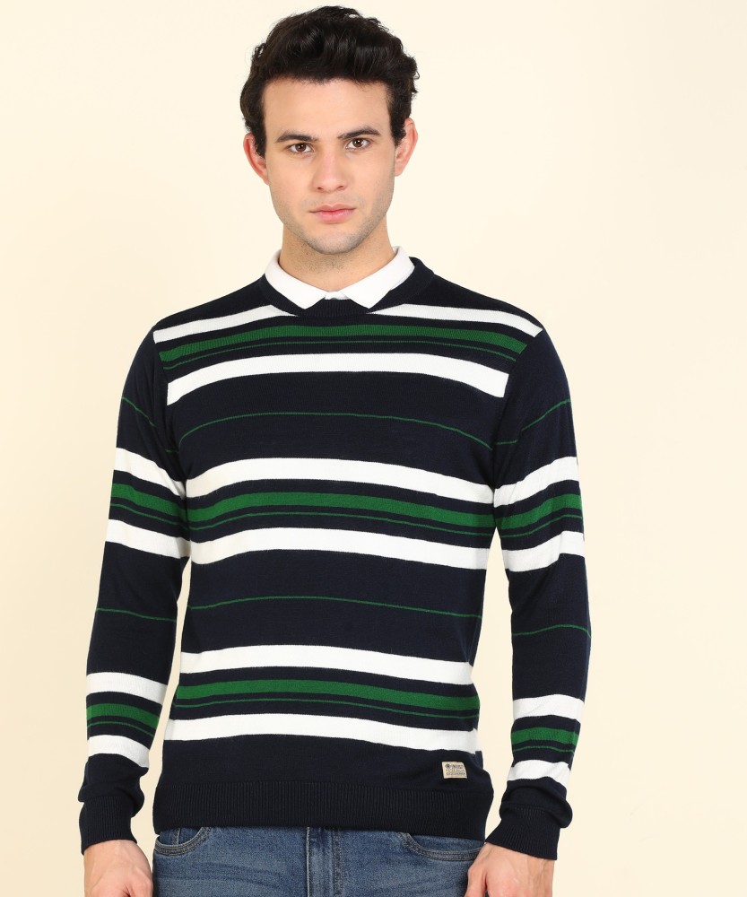 Peter England University Striped Round Neck Casual Men Dark Blue