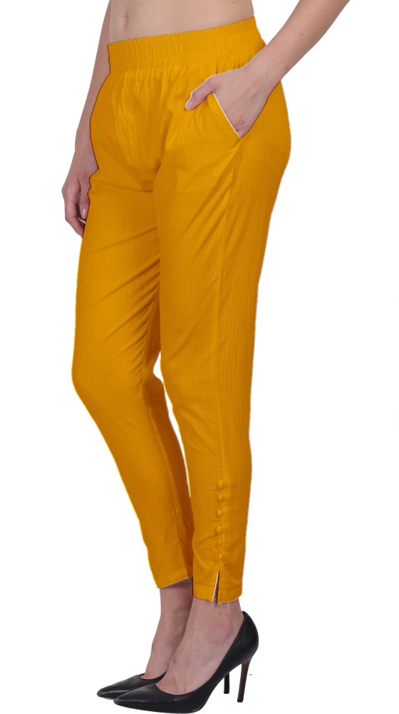 Women Mustard Solid Mid Rise Metallic Pants